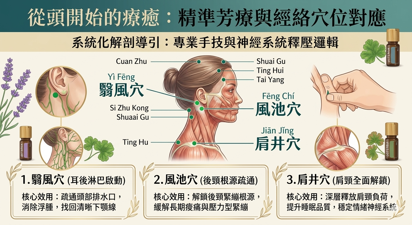 翳風穴、風池穴、肩井穴穴位解剖示意圖